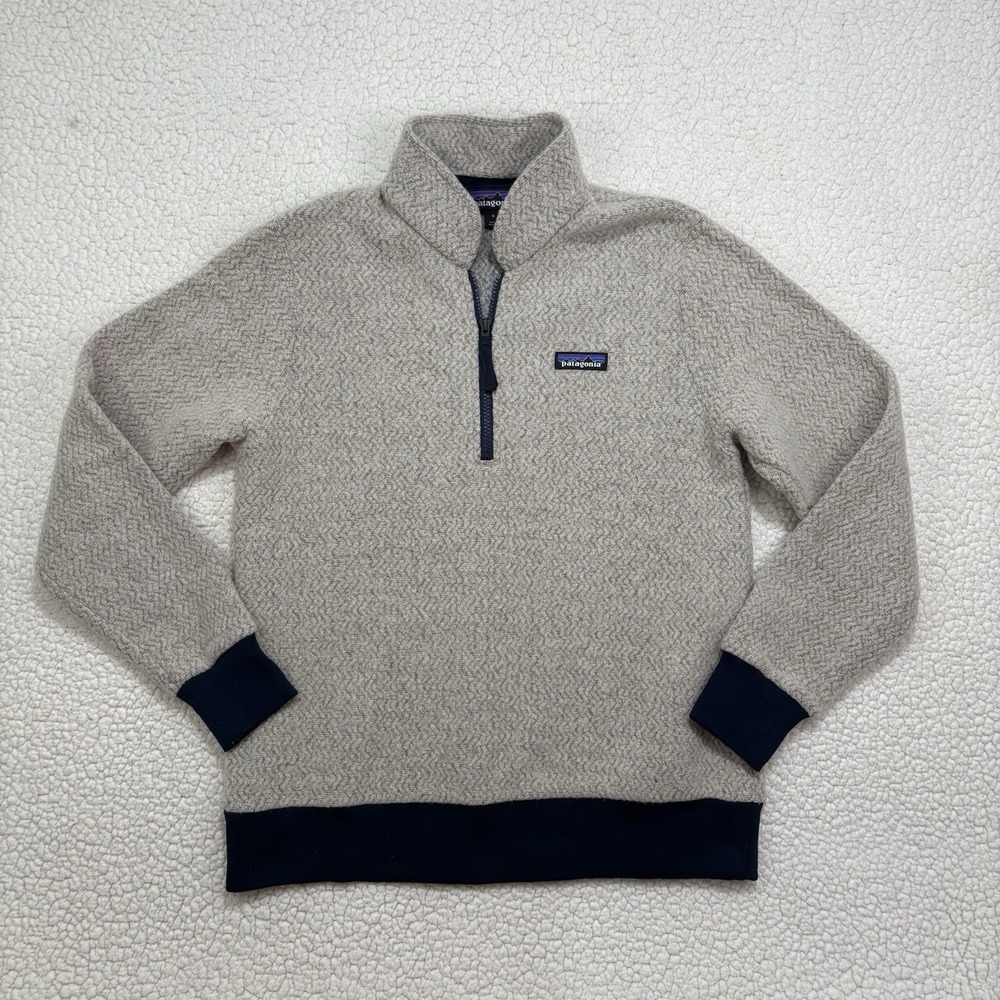 Patagonia Woolyester Fleece Women's M 1/4 Zip Wool Blend Pullover Oatmeal Navy